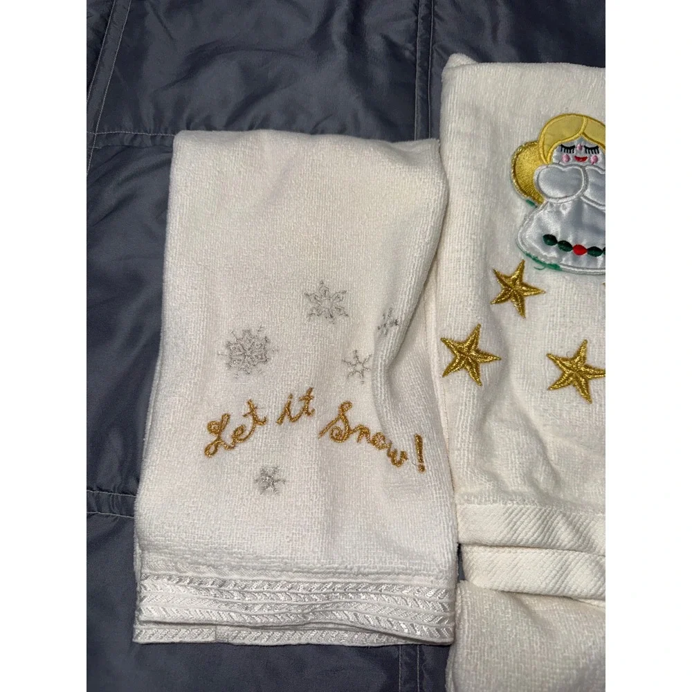 Vintage Christmas Hand Towel Set 5pc White Embroidered Angel Let It Snow Fringe